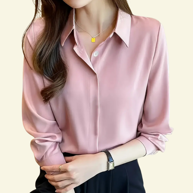 Damska bluzka z długim rękawem z kołnierzem i ukrytą listwą guzikową-Blouses for Women-Olave