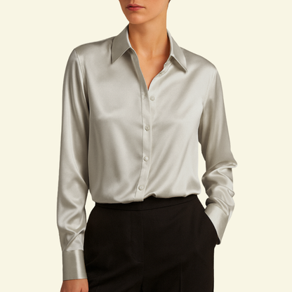 Damska bluzka z długim rękawem z kołnierzem i zapięciem na guziki oraz karczkiem z tyłu-Shirts for women-Olave