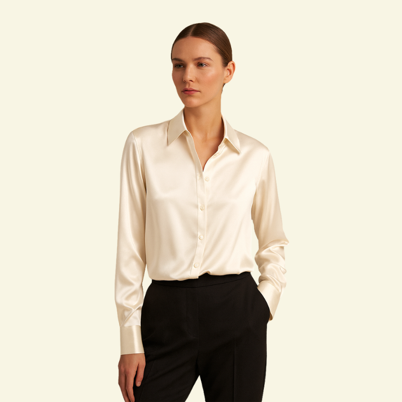Damska bluzka z długim rękawem z kołnierzem i zapięciem na guziki oraz karczkiem z tyłu-Shirts for women-Olave