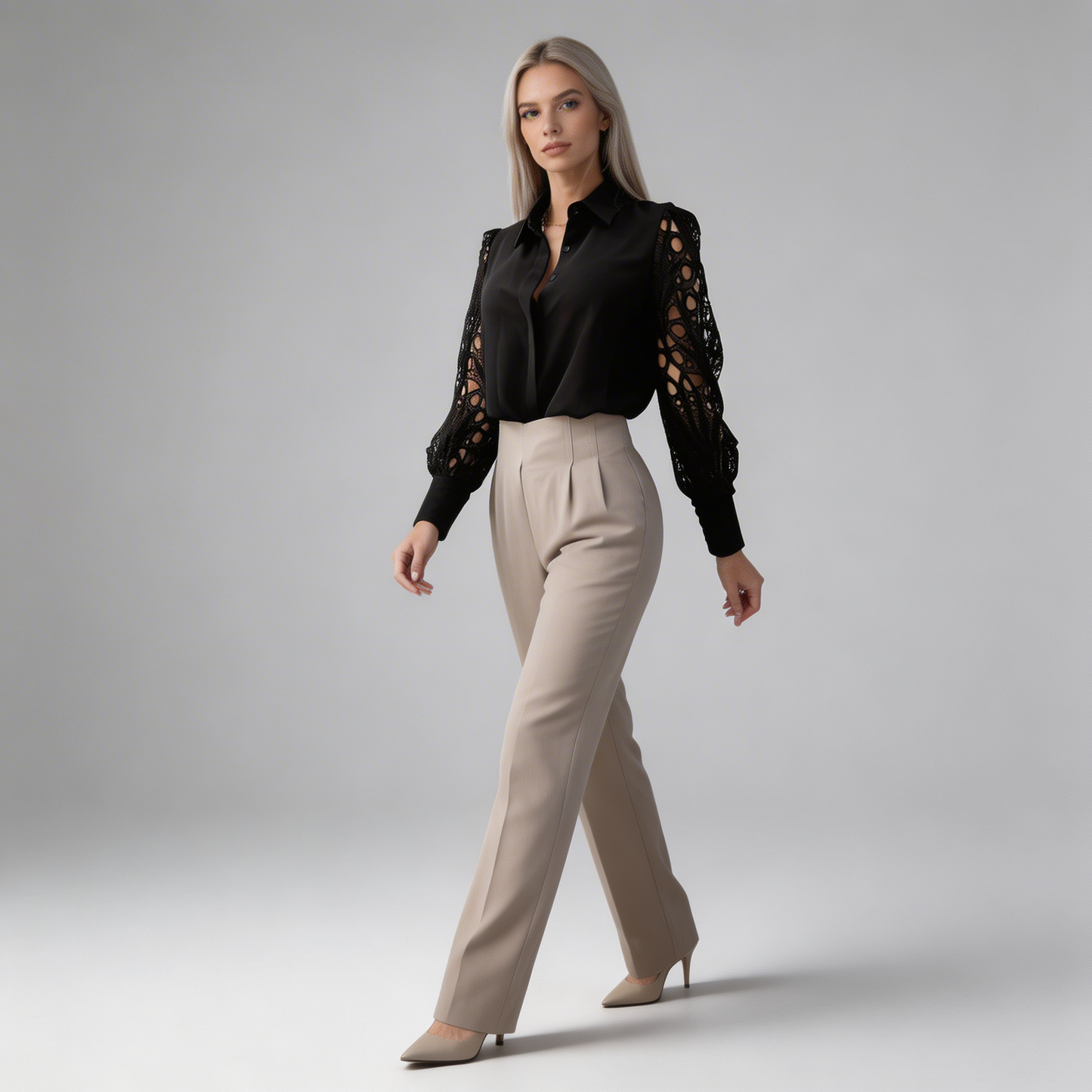 Damska bluzka z kołnierzykiem i ażurowymi rękawami-Blouses for Women-Olave