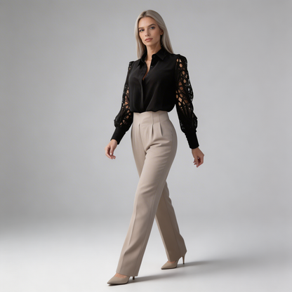 Damska bluzka z kołnierzykiem i ażurowymi rękawami-Blouses for Women-Olave