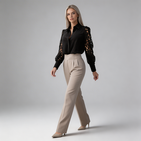Damska bluzka z kołnierzykiem i ażurowymi rękawami-Blouses for Women-Olave