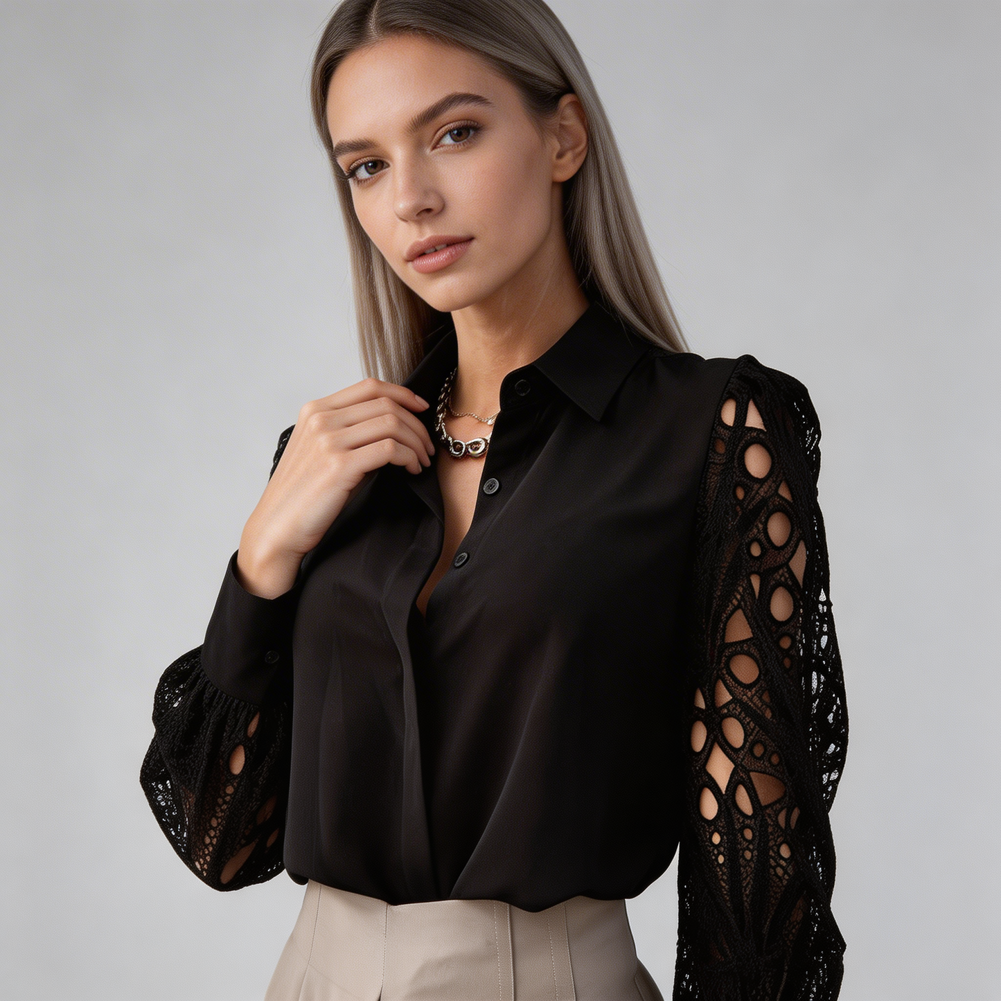 Damska bluzka z kołnierzykiem i ażurowymi rękawami-Blouses for Women-Olave