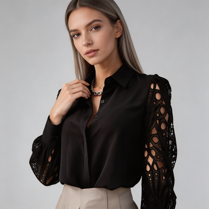 Damska bluzka z kołnierzykiem i ażurowymi rękawami-Blouses for Women-Olave