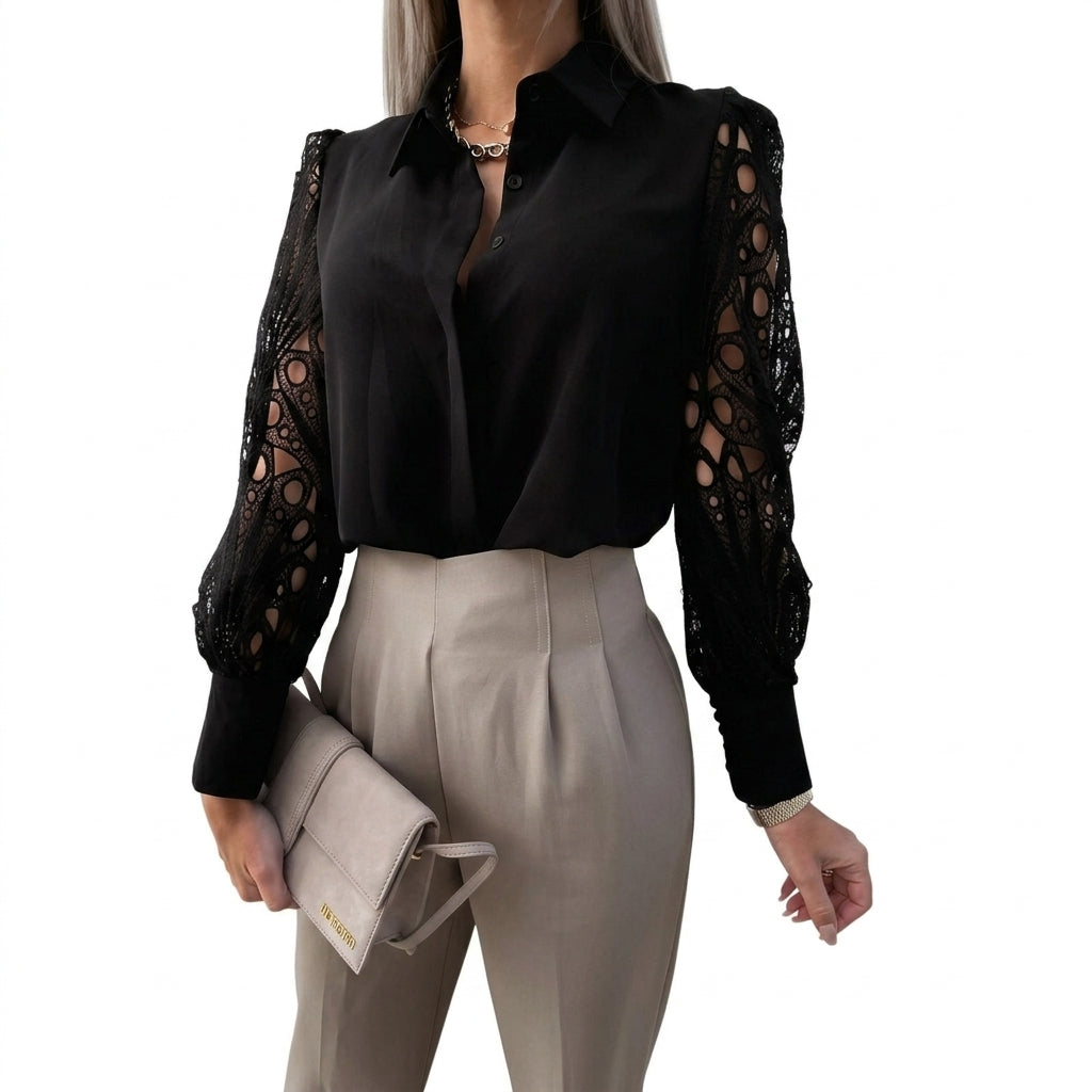 Damska bluzka z kołnierzykiem i ażurowymi rękawami-Blouses for Women-Olave
