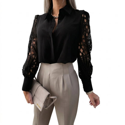 Damska bluzka z kołnierzykiem i ażurowymi rękawami-Blouses for Women-Olave