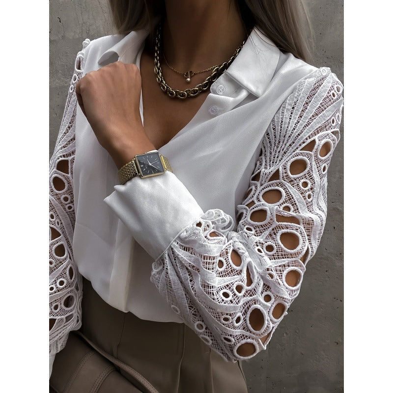 Damska bluzka z kołnierzykiem i ażurowymi rękawami-Blouses for Women-Olave