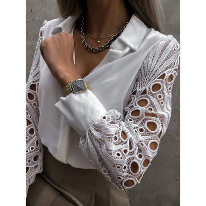 Damska bluzka z kołnierzykiem i ażurowymi rękawami-Blouses for Women-Olave