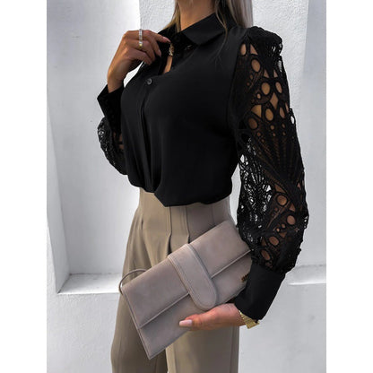 Damska bluzka z kołnierzykiem i ażurowymi rękawami-Blouses for Women-Olave