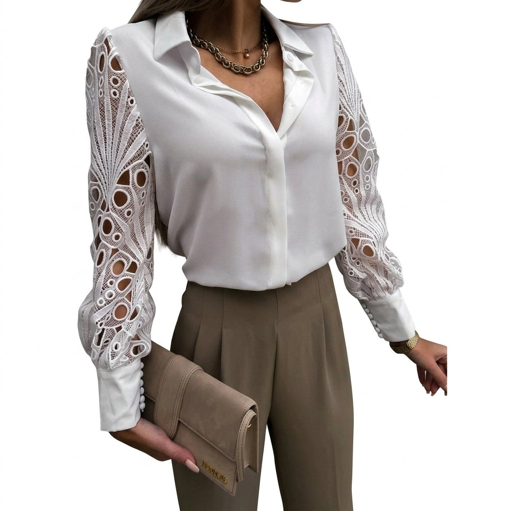 Damska bluzka z kołnierzykiem i ażurowymi rękawami-Blouses for Women-Olave