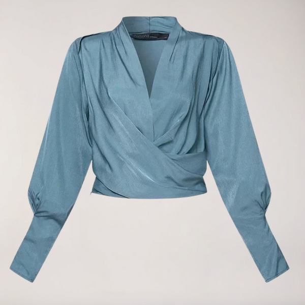 Damska bluzka z kopertowym dekoltem i bufiastymi rękawami-Blouses for Women-Olave