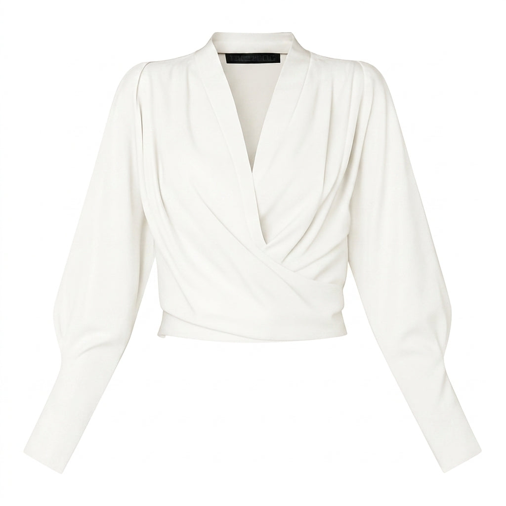 Damska bluzka z kopertowym dekoltem i bufiastymi rękawami-Blouses for Women-Olave