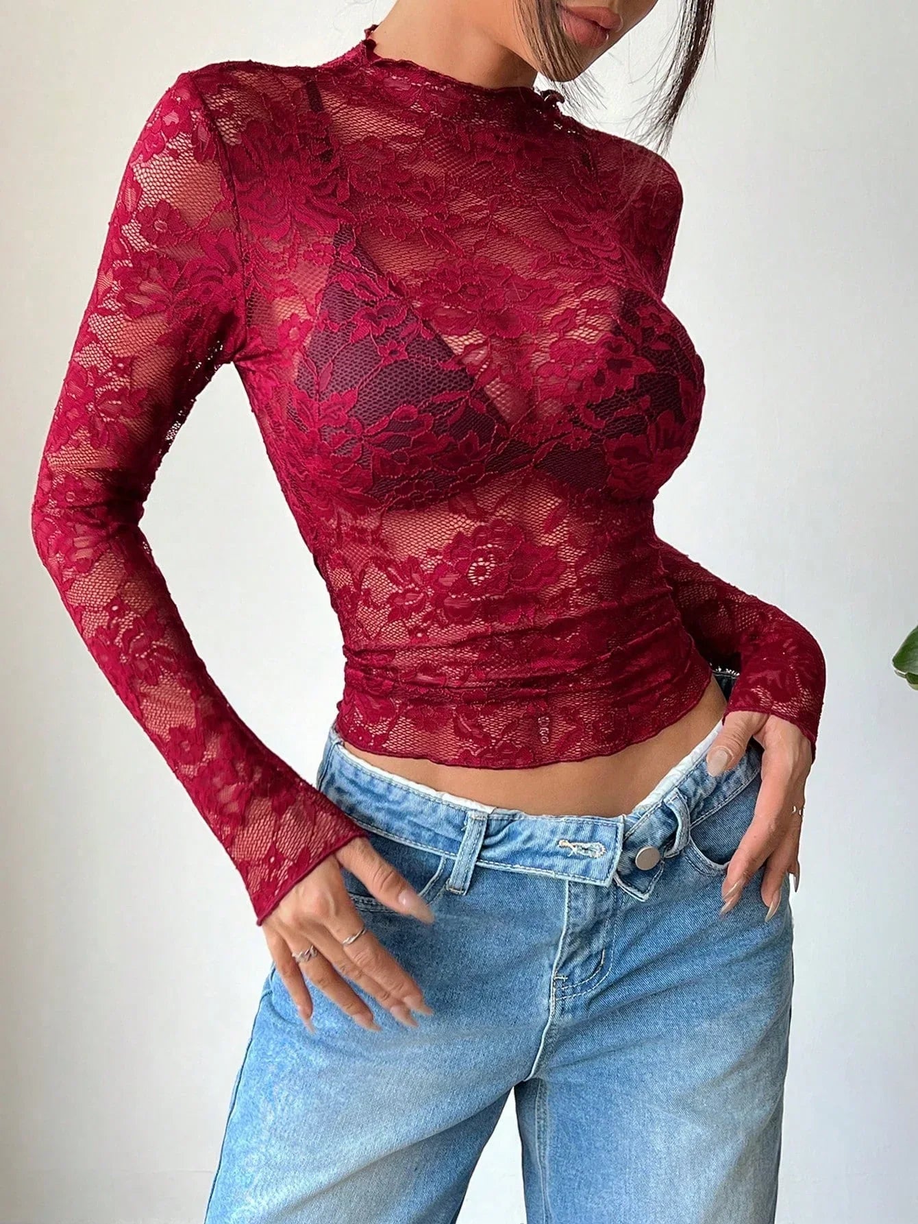 Damska bluzka z koronki z długim rękawem i stójką-Tops for women-Olave