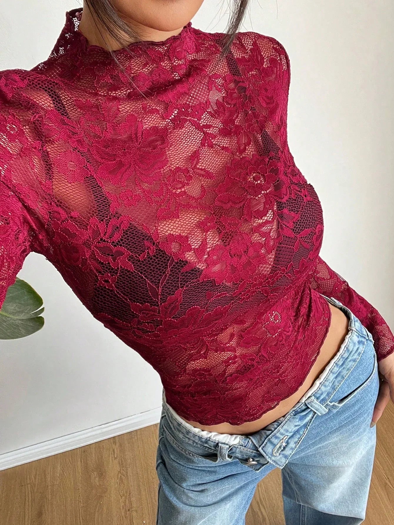 Damska bluzka z koronki z długim rękawem i stójką-Tops for women-Olave