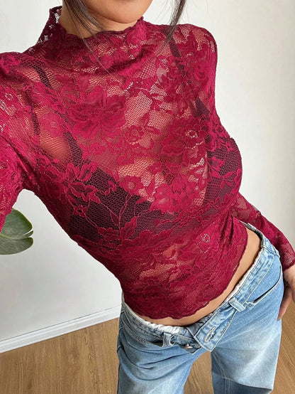 Damska bluzka z koronki z długim rękawem i stójką-Tops for women-Olave