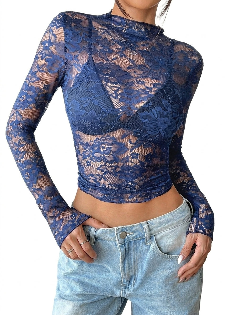 Damska bluzka z koronki z długim rękawem i stójką-Tops for women-Olave