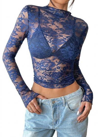 Damska bluzka z koronki z długim rękawem i stójką-Tops for women-Olave