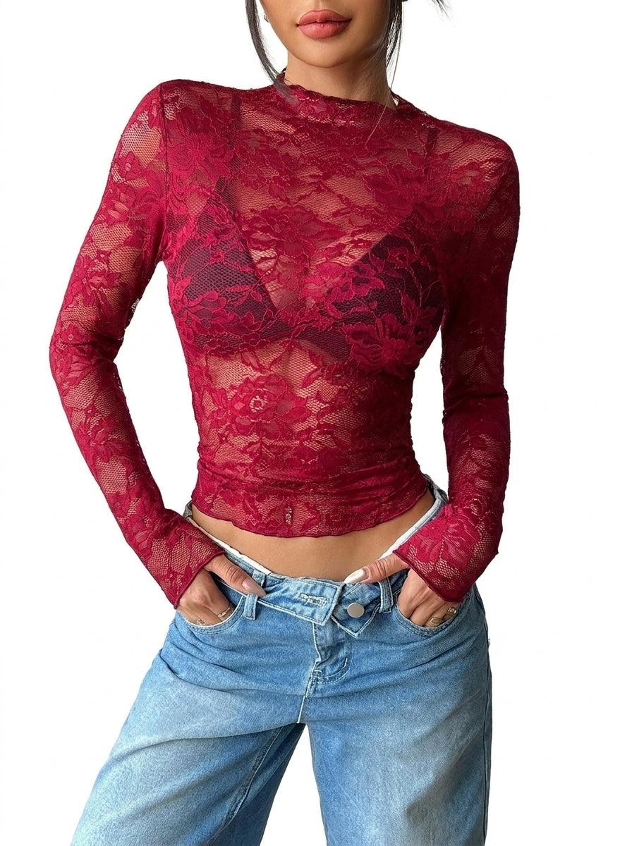 Damska bluzka z koronki z długim rękawem i stójką-Tops for women-Olave
