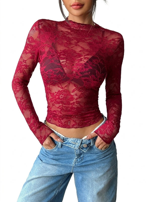Damska bluzka z koronki z długim rękawem i stójką-Tops for women-Olave