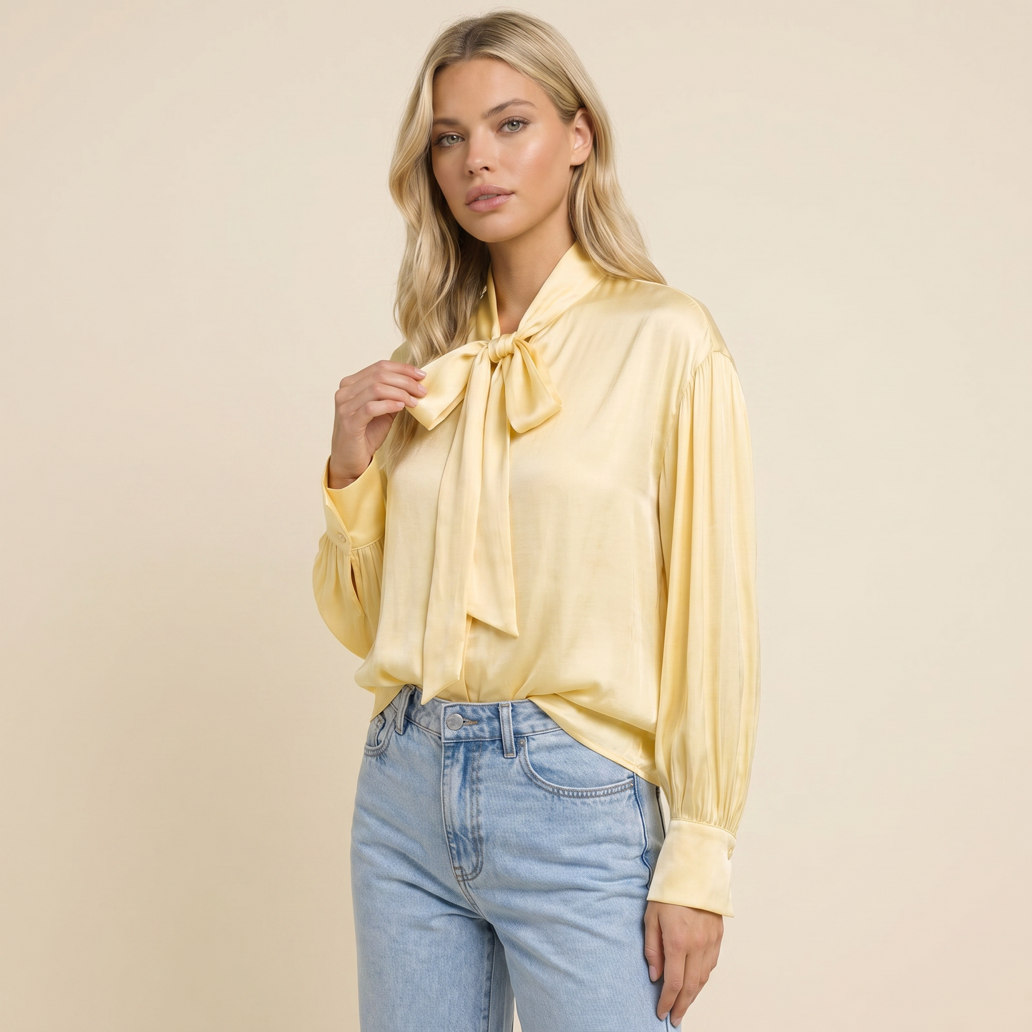 Damska bluzka z wiązaniem pod szyją i marszczonymi rękawami-Blouse for women-Olave