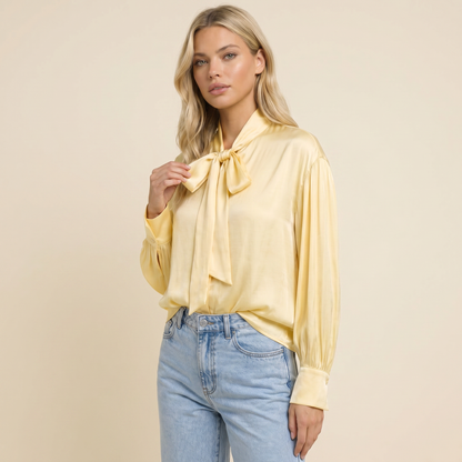 Damska bluzka z wiązaniem pod szyją i marszczonymi rękawami-Blouse for women-Olave
