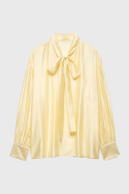 Damska bluzka z wiązaniem pod szyją i marszczonymi rękawami-Blouse for women-Olave