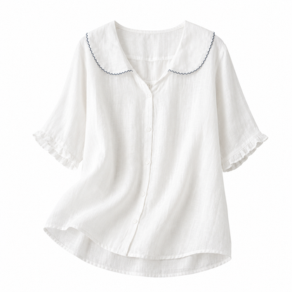 Damska bluzka z zapięciem na guziki i zaokrąglonym kołnierzem-Blouses for Women-Olave