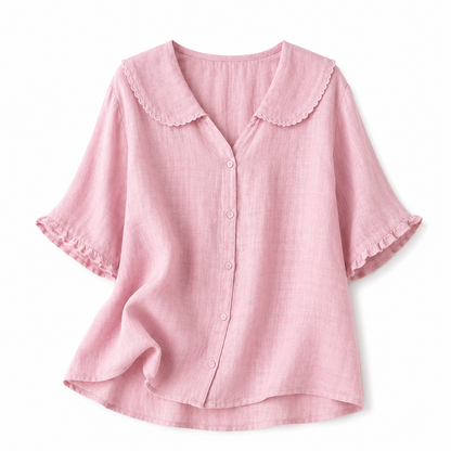 Damska bluzka z zapięciem na guziki i zaokrąglonym kołnierzem-Blouses for Women-Olave