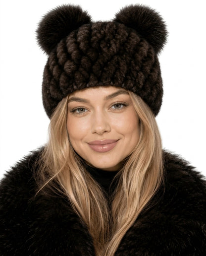Damska czapka beanie z dzianiny z dwoma pomponami-Hat for women-Olave