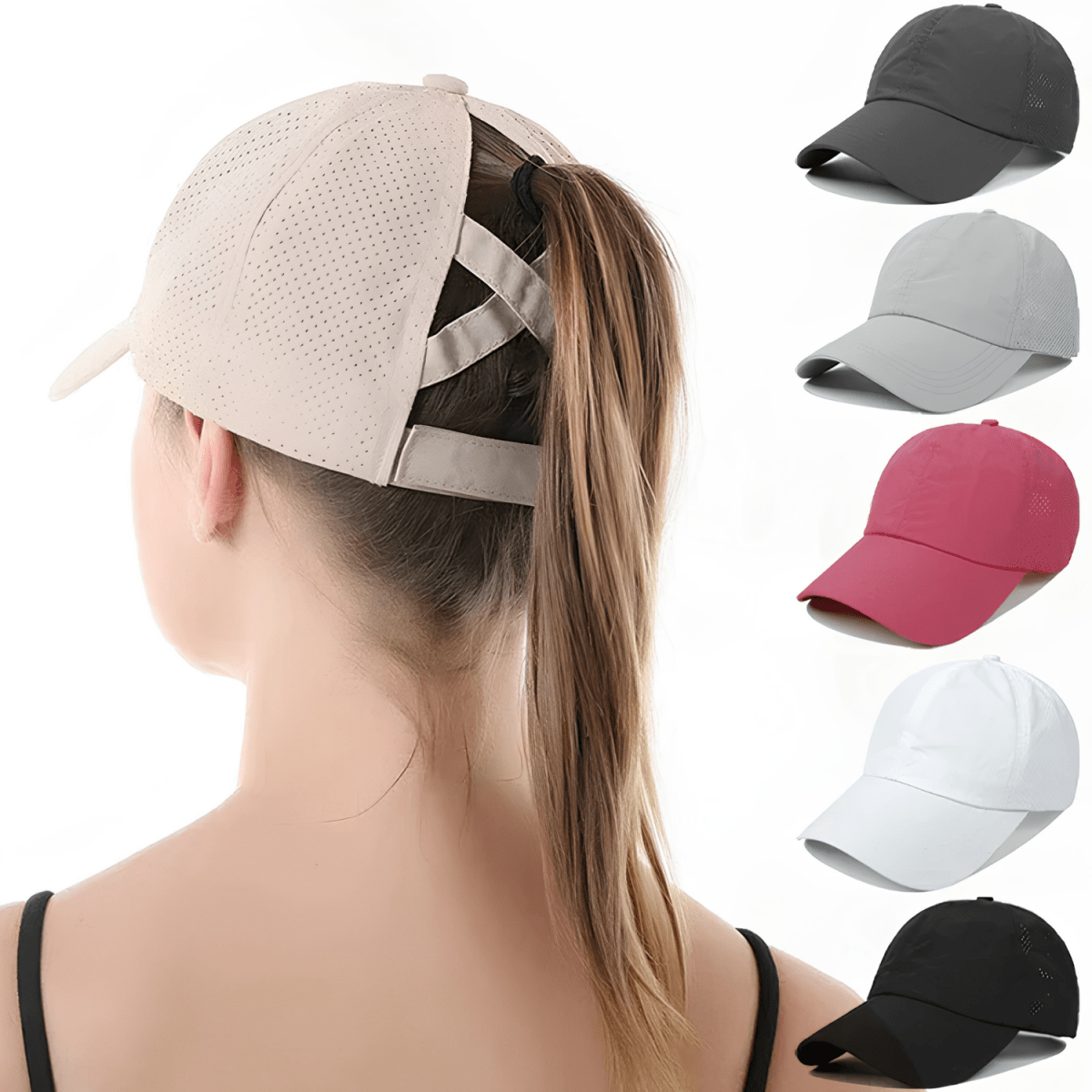 Damska czapka z daszkiem na kucyk z krzyżującymi się paskami z tyłu-Accessories for Women-Olave