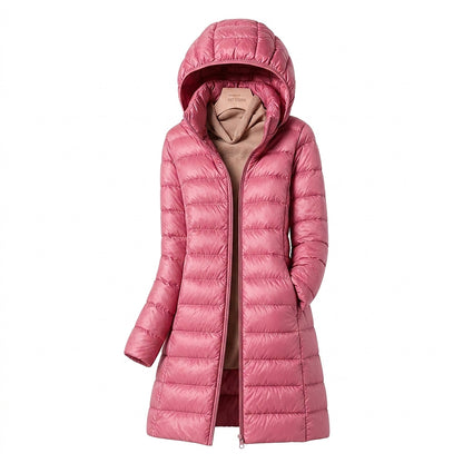 Damska długa kurtka puchowa z kapturem-Jackets for Women-Olave