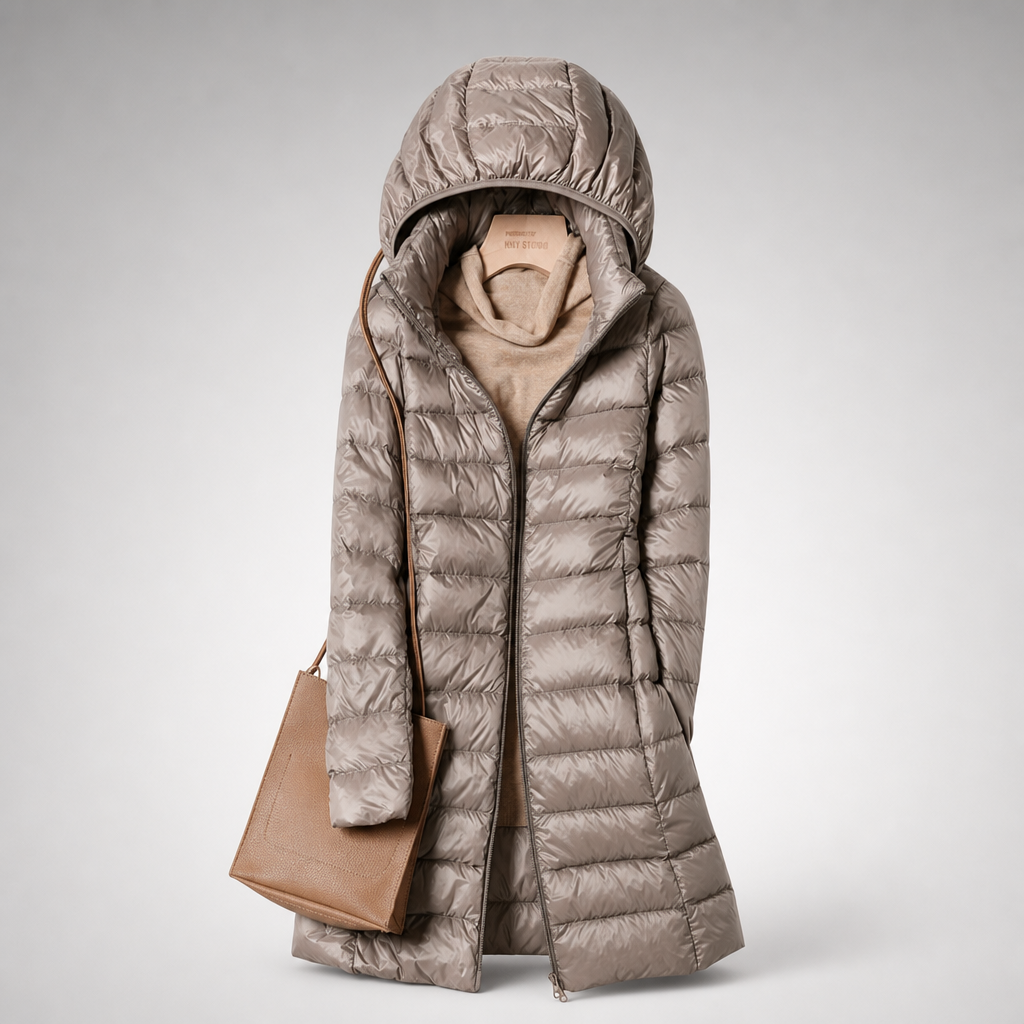 Damska długa kurtka puchowa z kapturem-Jackets for Women-Olave