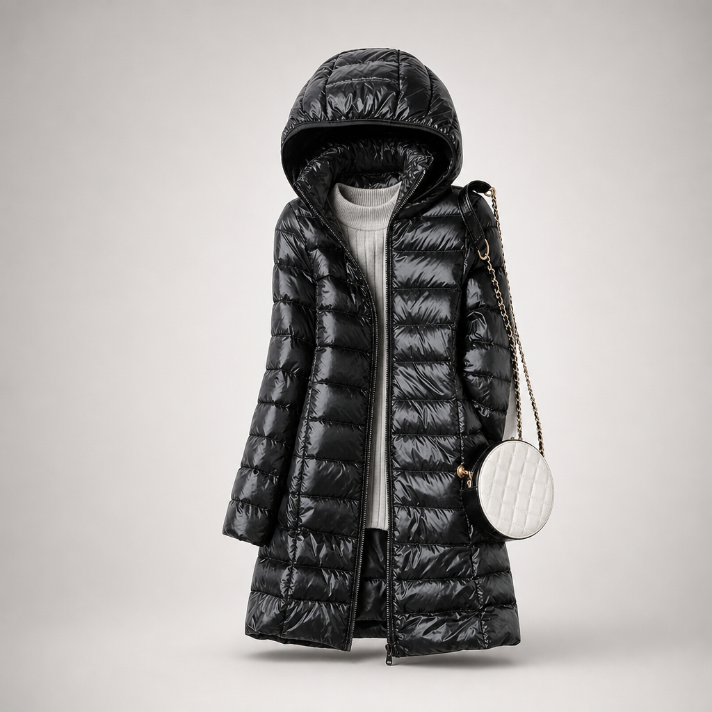 Damska długa kurtka puchowa z kapturem-Jackets for Women-Olave