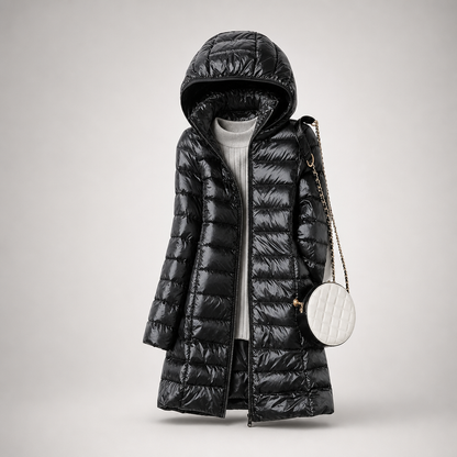 Damska długa kurtka puchowa z kapturem-Jackets for Women-Olave