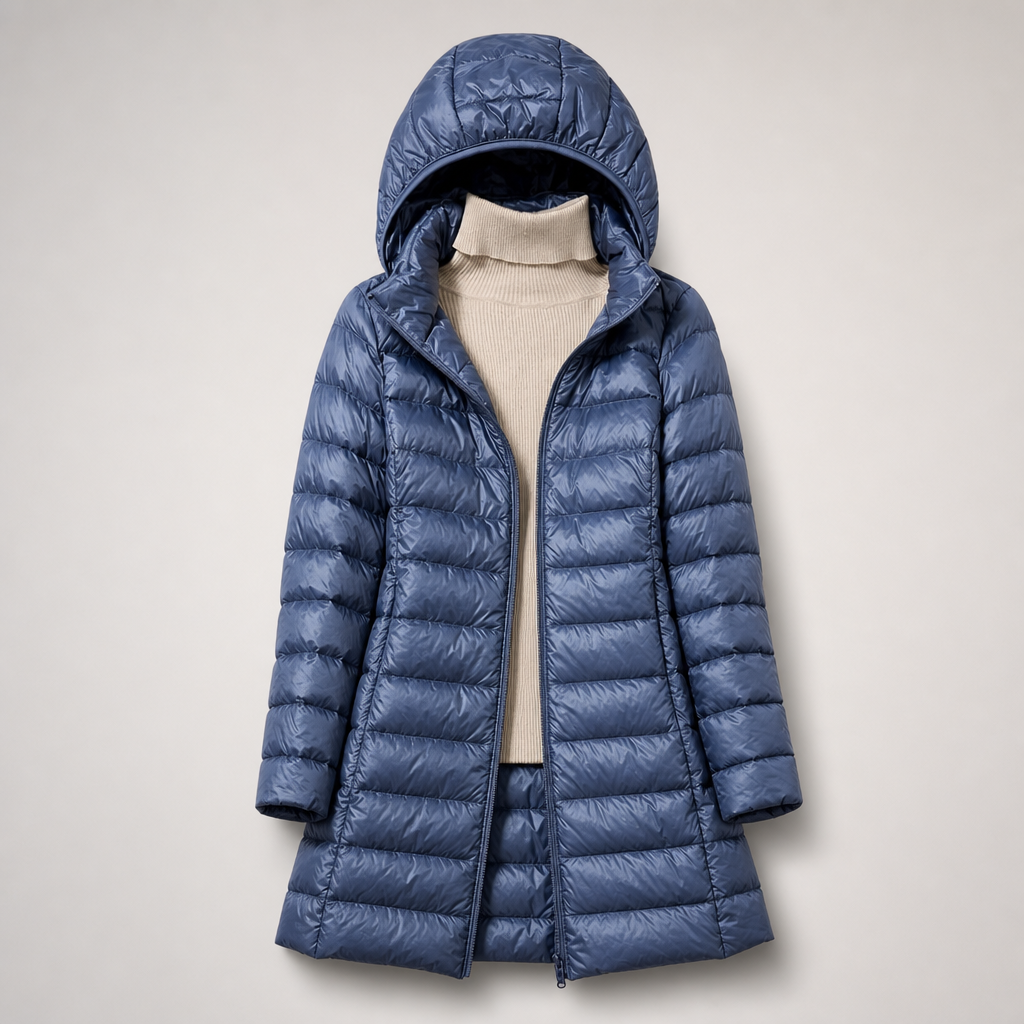 Damska długa kurtka puchowa z kapturem-Jackets for Women-Olave