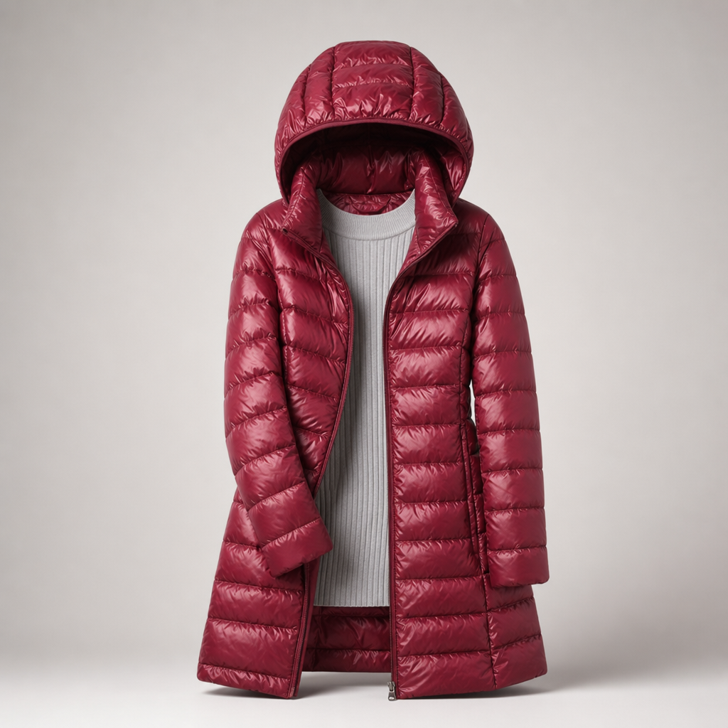Damska długa kurtka puchowa z kapturem-Jackets for Women-Olave