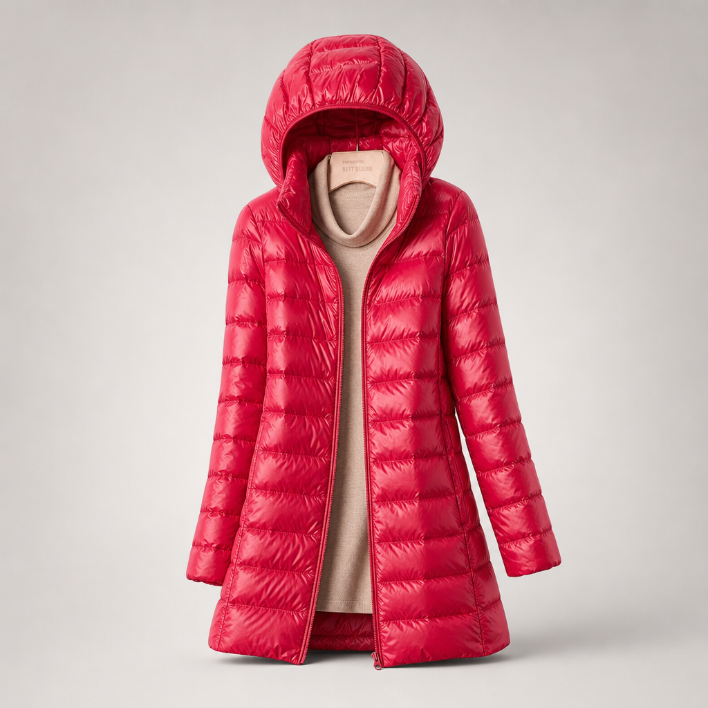 Damska długa kurtka puchowa z kapturem-Jackets for Women-Olave