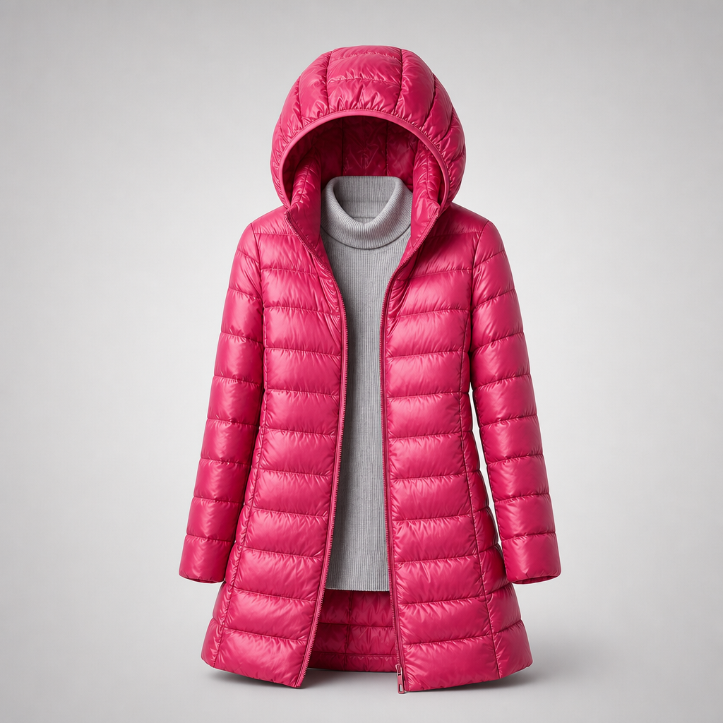 Damska długa kurtka puchowa z kapturem-Jackets for Women-Olave