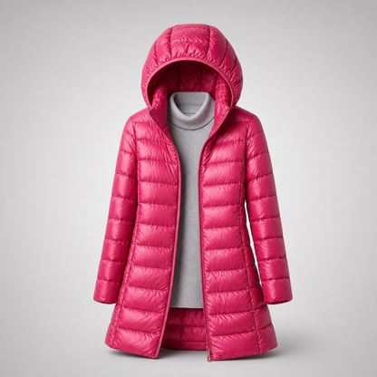 Damska długa kurtka puchowa z kapturem-Jackets for Women-Olave