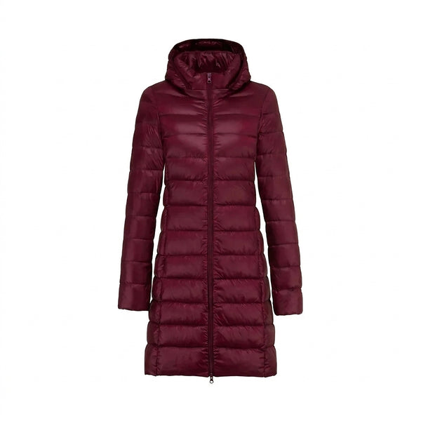 Damska długa kurtka puchowa z kapturem i zapięciem na zamek-Jacket for women-Olave