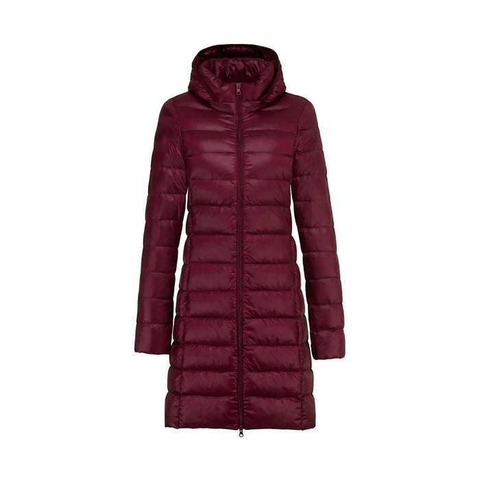 Damska długa kurtka puchowa z kapturem i zapięciem na zamek-Jacket for women-Olave