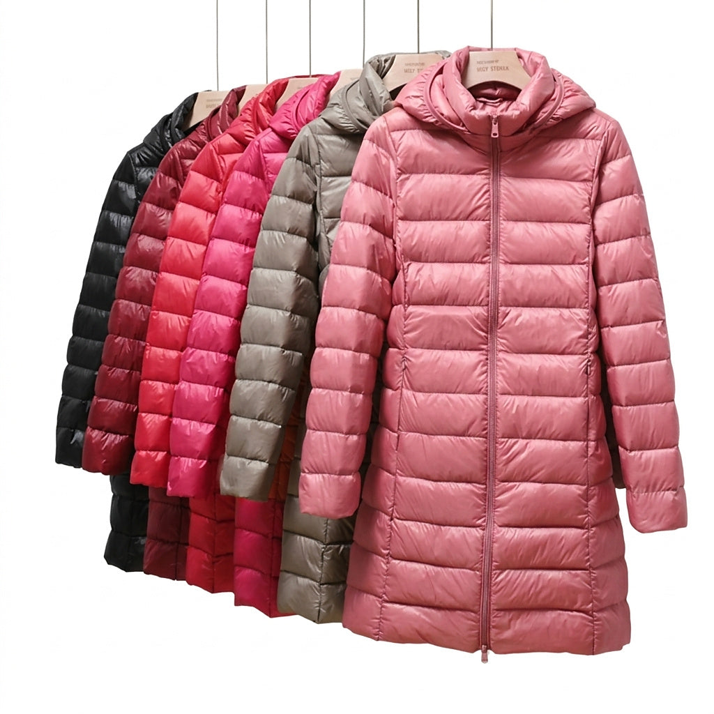 Damska długa kurtka puchowa z kapturem-Jackets for Women-Olave