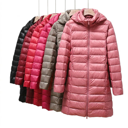 Damska długa kurtka puchowa z kapturem-Jackets for Women-Olave