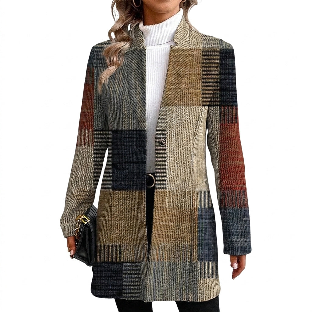 Damska długa marynarka w patchworkową kratę-Blazers for women-Olave