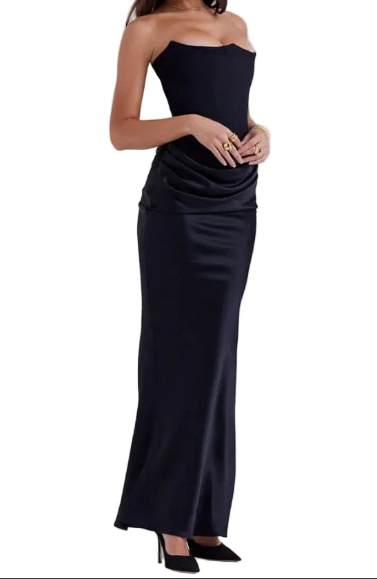 Damska długa sukienka bez ramiączek z drapowanym panelem w talii-Maxi Dress-Olave