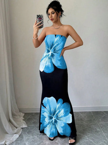 Damska długa sukienka bez ramiączek z nadrukiem-Maxi Dress-Olave