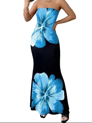 Damska długa sukienka bez ramiączek z nadrukiem-Maxi Dress-Olave