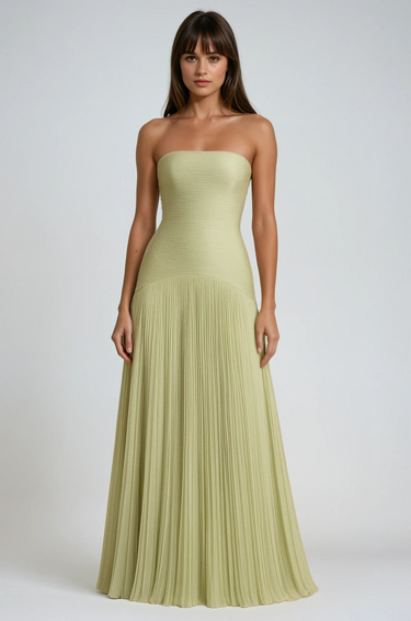 Damska długa sukienka bez ramiączek z plisowaną spódnicą-Maxi Dress-Olave