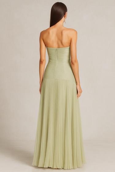 Damska długa sukienka bez ramiączek z plisowaną spódnicą-Maxi Dress-Olave