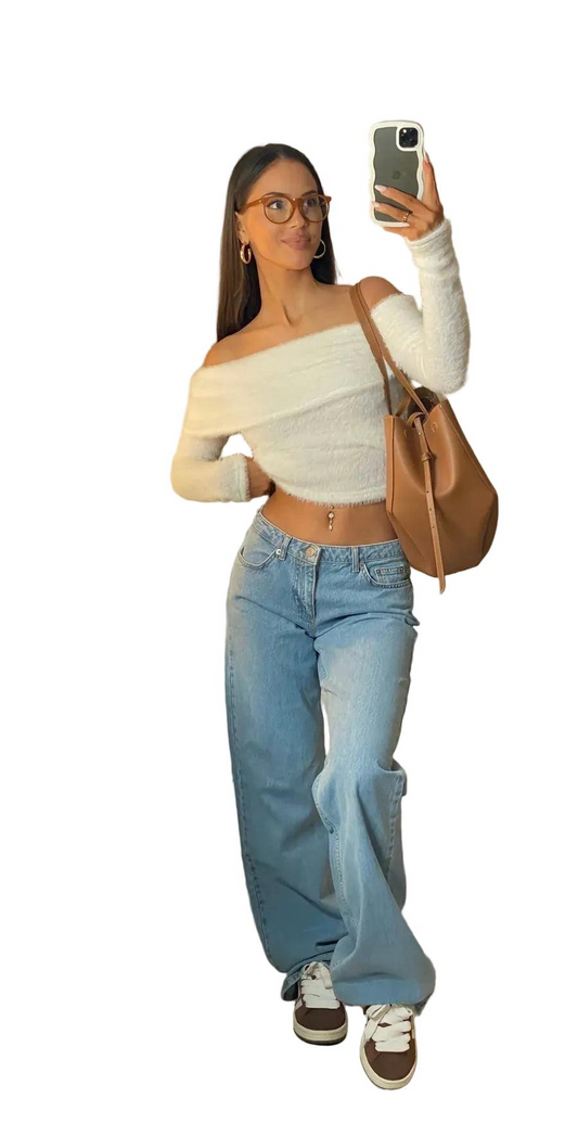 Damska dżinsowa spodnie z niskim stanem i szerokimi nogawkami-Pants for Women-Olave